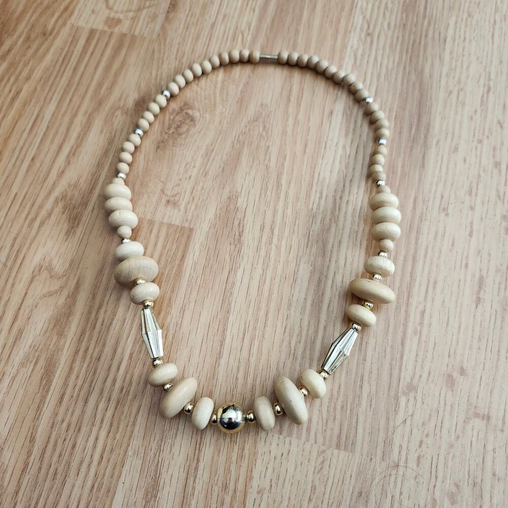 Boho Graduated Natural Wood Bead Necklace 24in Gold Silver Tone Barrel Clasp‎